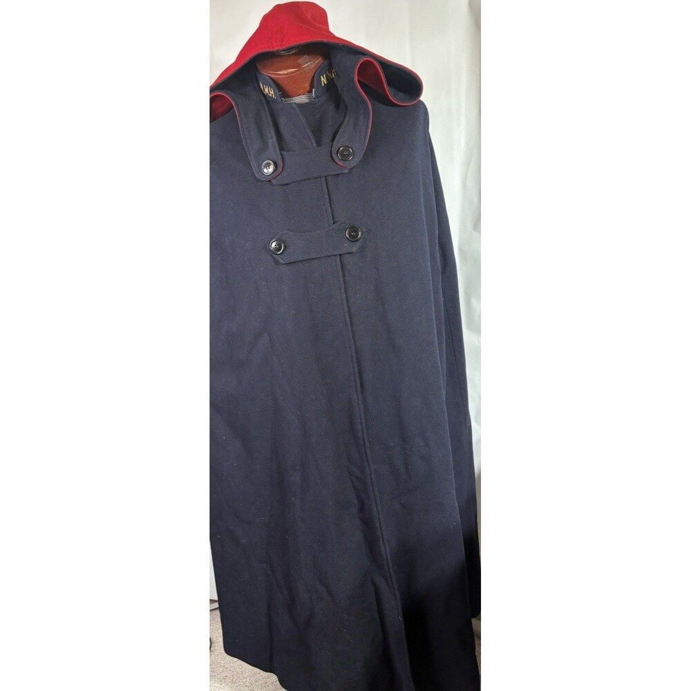 Rosalia Brand Vintage Navy Blue Wool Nurse Cape Red Lining Hood Full Length 49”